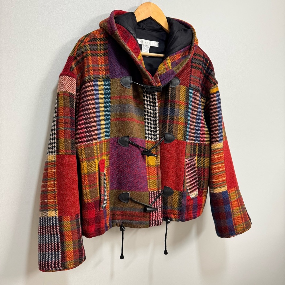 Vintage 90s The Limited Multicolored Plaid Patchwork Hooded Toggle Jacket L - Picture 2 of 13